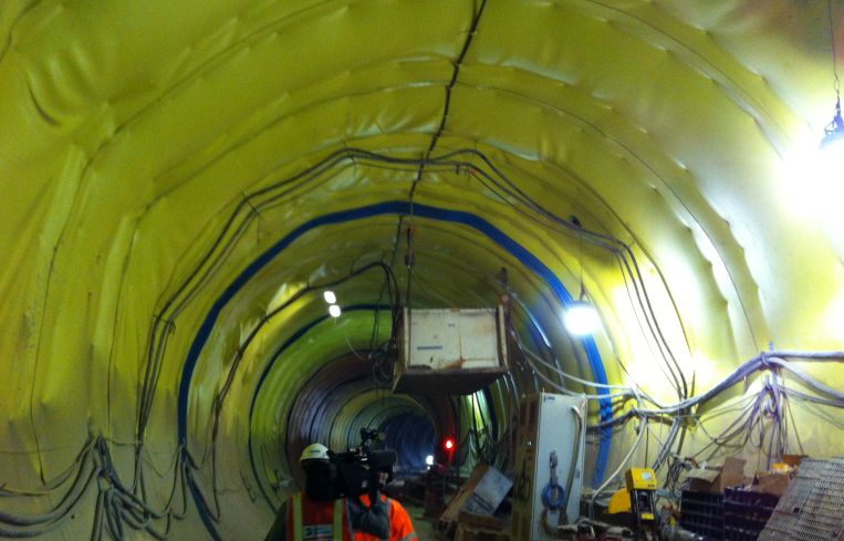 A tunnel with its waterproofing exposed.
