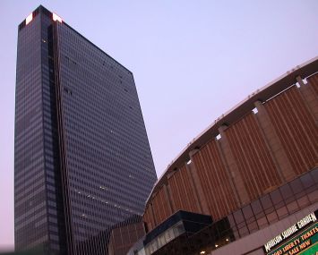 Madison Square Garden, left, and One Penn Plaza.