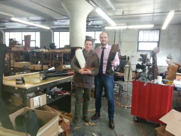Jack Lynch, the CEO of Vogel Boots, left, and Bertrand de Soultrait of Bertwood Realty in Vogel Boots' new production facility at the Brooklyn Navy Yard.