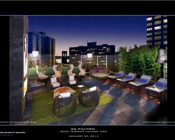 Rendering of the roof lounge at 56 Fulton Street.