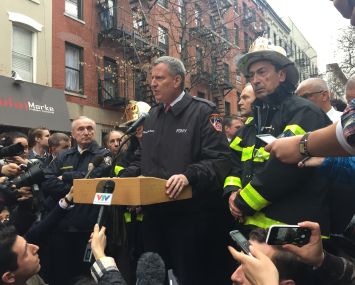 Press conference after an East Village explosion (Photo: Jillian Jorgensen).