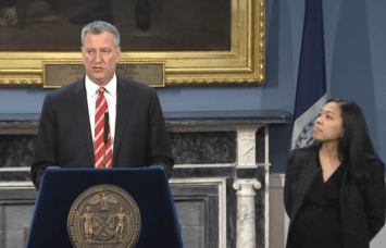 Mayor Bill de Blasio with incoming NYCEDC President Maria Torres-Springer (Screengrab: NYC Mayor’s Office).