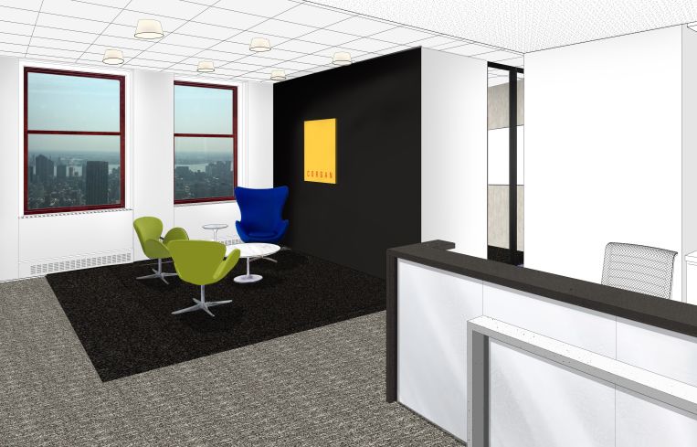 Corgan's reception area will be the revitalized in the final phase of the project (Rendering: Corgan).