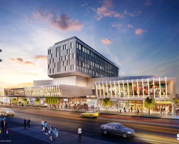 Rendering of Empire Outlets, including the hotel at the top.