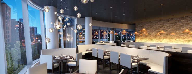 50 West Street will include a two-story restaurant and bar in the 10,500-square-foot commercial space with 20-foot-high ceilings. (Photo: DBOX).