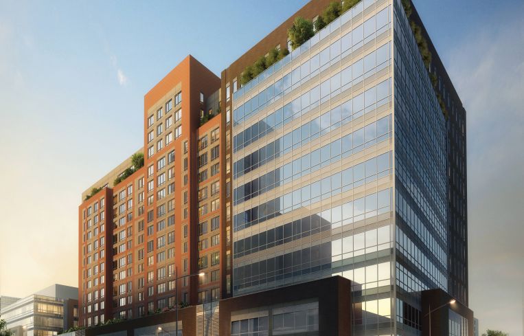 The office building at Flushing Commons currently under construction (Rendering: Conway+Partners).
