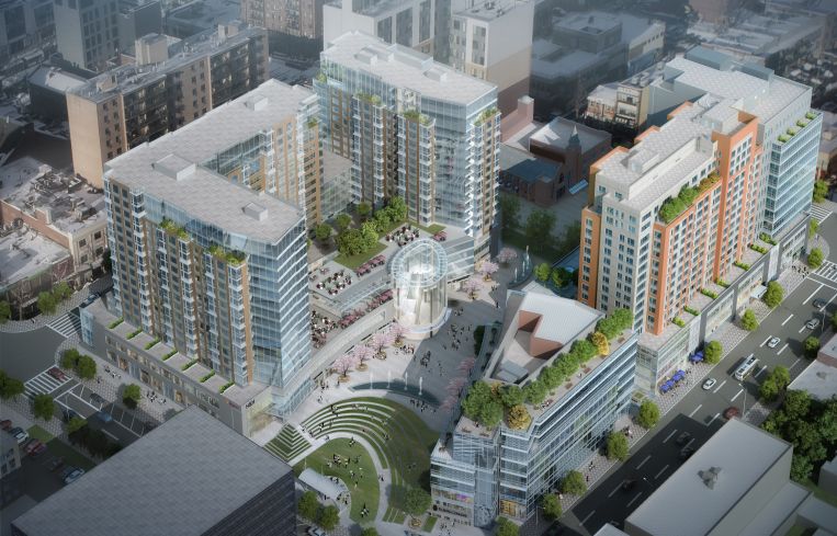 Flushing Commons is the Flushing-based company's largest development in the area, with 1.8 million square feet of retail, residential, office, parking and a public park (Rendering: Conway+Partners).
