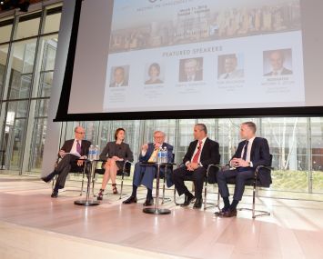 Left to right: moderator Michael S. Zetlin with panelists Jessica Lappin, Larry Silverstein, Jay Badame and Tom Vecchione (Photo:Presley Ann Slack/PMC).
=