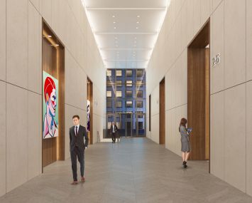 The lobby's dated granite will be swapped for limestone (Rendering: Real Estate Arts).