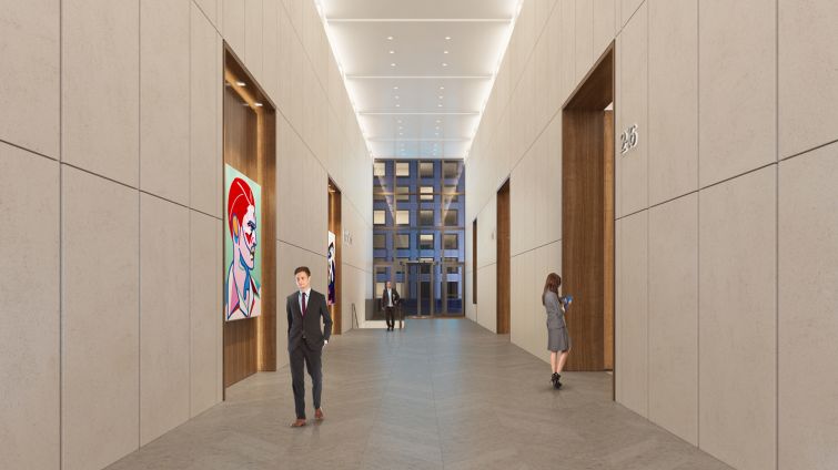 The lobby's dated granite will be swapped for limestone (Rendering: Real Estate Arts). 
