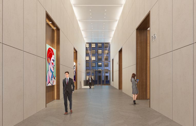 The lobby's dated granite will be swapped for limestone (Rendering: Real Estate Arts).