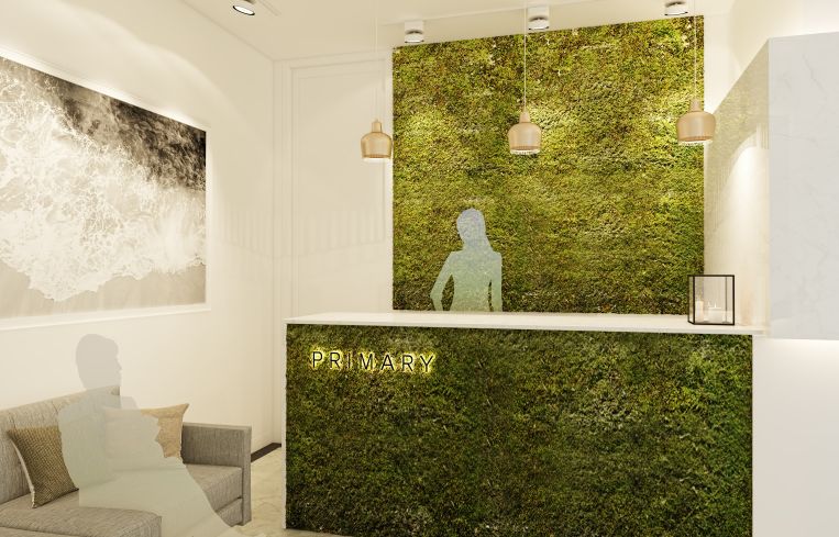 Green walls are big for this health-focused office (Rendering: Primary).