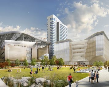 Cornell Tech campus phase one, from left to right, the academic building, the residential property and The Bridge. Rendering: Kilograph