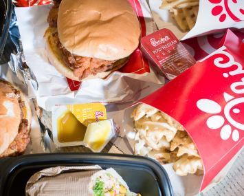 Chick-fil-A chicken sandwich, grilled nuggets, spicy chicken sandwich, fries and a wrap.