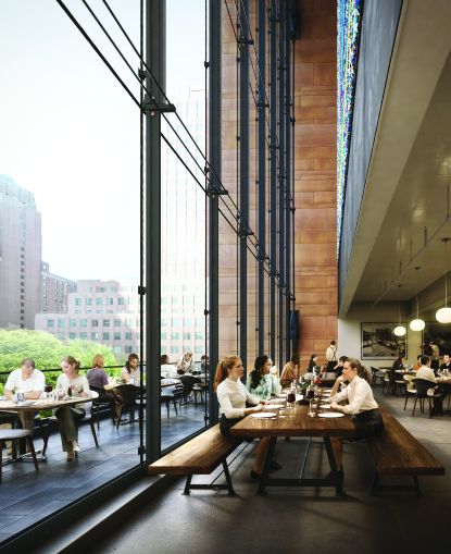 Tall ceiling heights and glass a façade are highlights of City Point's planned restaurant (Rendering: COOKFOX Architects). 
