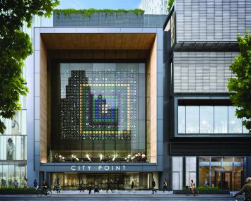 City Point's high-end restaurant will have an artwork installed above its glass façade (Rendering: COOKFOX Architects).