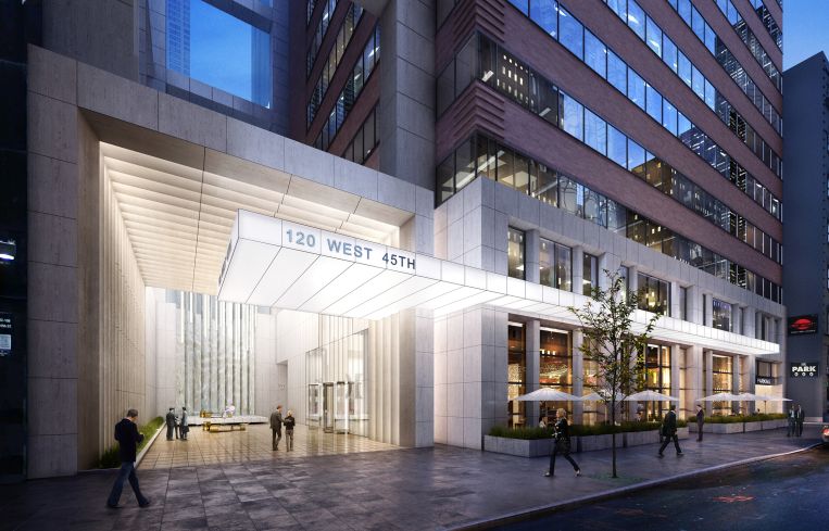 A rendering of the new façade of Tower 45 at 120 West 45th Street (Rendering: Kohn Pederson Fox).