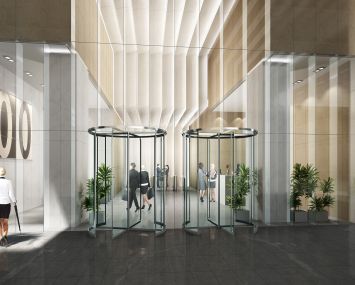 A rendering of the new lobby of Tower 45 at 120 West 45th Street (Rendering: Kohn Pederson Fox).
