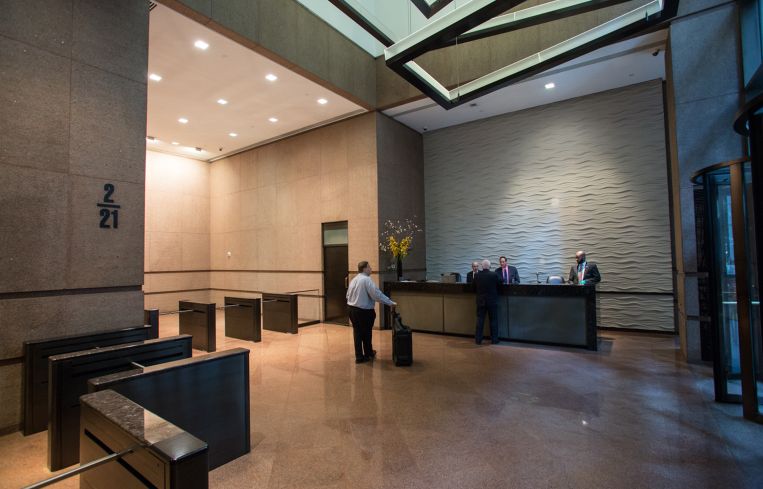 The lobby will be completely renovated to pull out the red granite and brighten the space (Photo: Aaron Adler/For Commercial Observer).