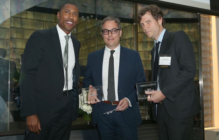 Chad Tredway of Chase presents the Rising Stars of the Year award to Eric Demby and Jonathan Butler of Smorgasburg (Photo: Jimi Celeste/PMC).