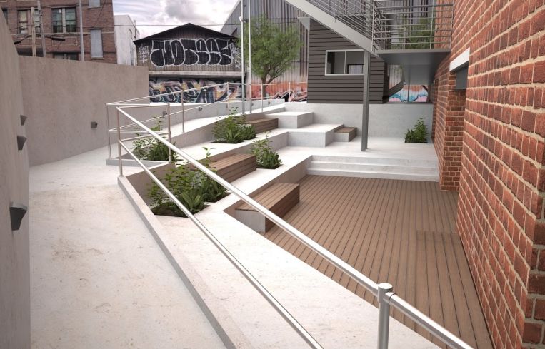 The planned outdoor community space will connect to the cellar of the building (Rendering: The Mann Group).