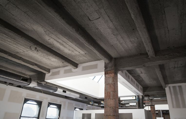 The two ceilings in the office were removed, revealing 16-foot high ceiling heights (Photo: Kaitlyn Flannagan/ For Commercial Observer).