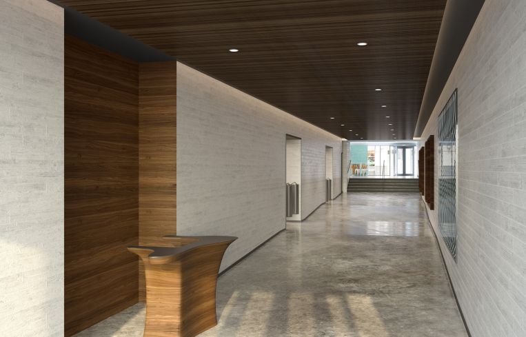 The renovated lobby with walnut ceilings and an interactive artwork on the wall. Rendering: Wordsearch River Film