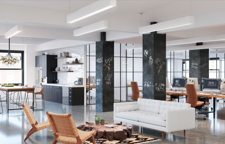 New prebuilt offices at 30 Broad Street will be outfitted with polished concrete floors, slimmer columns, exposed ceilings and contemporary furniture. Rendering: Wordsearch River Film