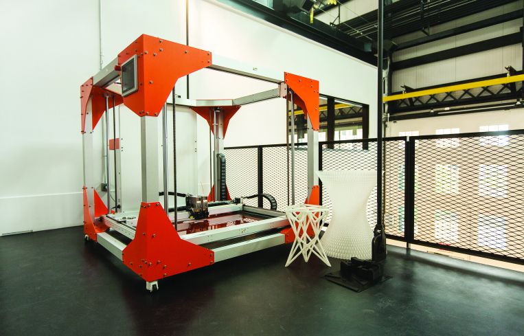 The 6-by-6-foot 3D printer on the mezzanine level of New Lab. Photo: Emily Assiran/Commercial Observer