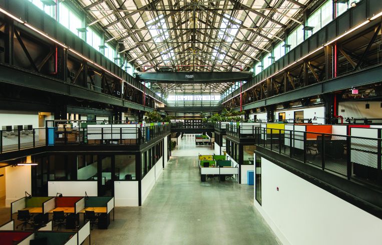 A view of the ground and mezzanine levels at New Lab in the Brooklyn Navy Yard. Photo: Emily Assiran/Commercial Observer