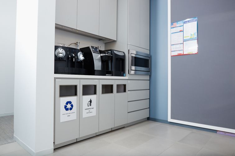 Recycling is a huge factor in this office, that's why it's clearly marked in the pantry. Photo: Yvonne Albinowski/For Commercial Observer