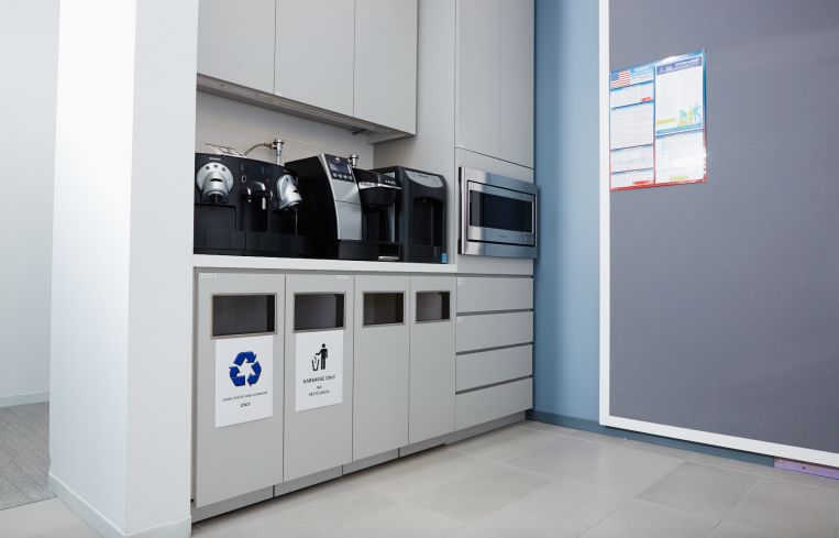 Recycling is a huge factor in this office, that's why it's clearly marked in the pantry. Photo: Yvonne Albinowski/For Commercial Observer
