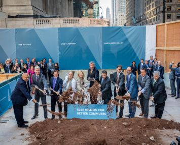 Mayor Bill de Blasio and Marc Holliday, center, break ground with elected officials and SL Green executives. Photo: Max Touhey