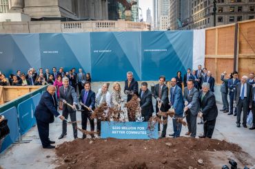 Mayor Bill de Blasio and Marc Holliday, center, break ground with elected officials and SL Green executives. Photo: Max Touhey