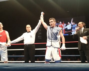 Cushman & Wakefield's Ron Lo Russo, left, lost a charity boxing match against lawyer Gregory Copeland. Photo: Liam La Guerre