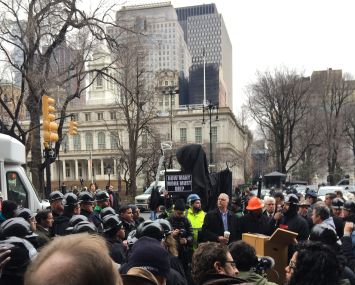 The Building and Construction Trades Council of Greater New York rally outside City Hall. Photo: Terence Cullen/Commercial Observer