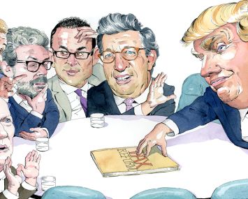 Clockwise from bottom left: Jeffrey DeBoer, Rob Speyer, Anthony Malkin, Jeff Blau, William Rudin and Donald Trump. Illustration: Paul Kisselev.