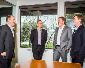 From left to right, Chris Tokarski, Stew Ward, Warren de Haan and Boyd Fellows, the co-founders of ACORE Capital, on Feb. 9, 2017 in their Larkspur, Calif. offices. Photo: Eric Kayne