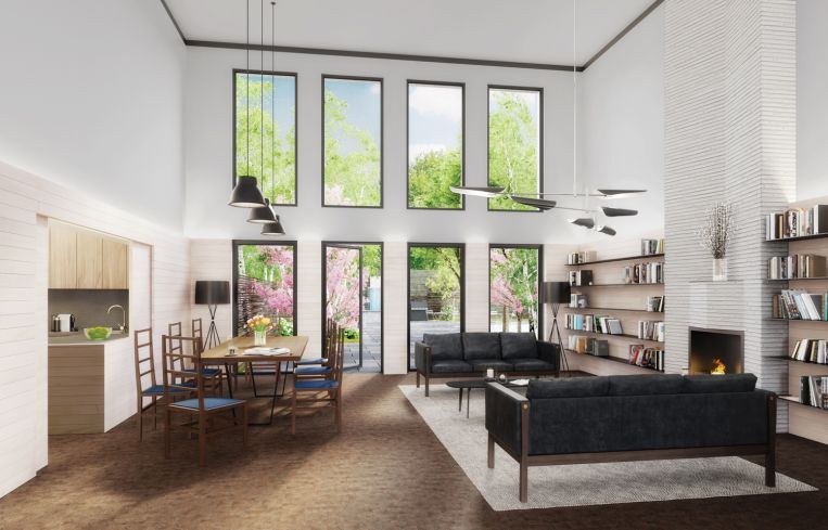 An image of the completed residents lounge, which leads to the backyard Rendering: DXA Studio