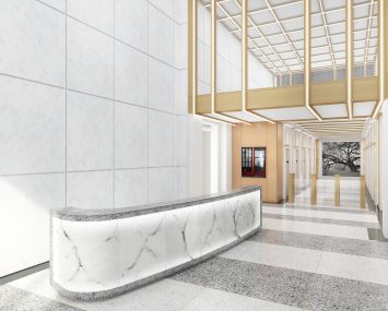 A rendering of 450 Seventh Avenue's new lobby. Photo: Kaufman Organization.