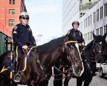 L to R: Sergeant Brandon Bunting with Teego and Sergeant Rafel Laskowski with Finbar before they head out in their supervisory roles. Photo: Robert Cohen/for Commercial Observer.