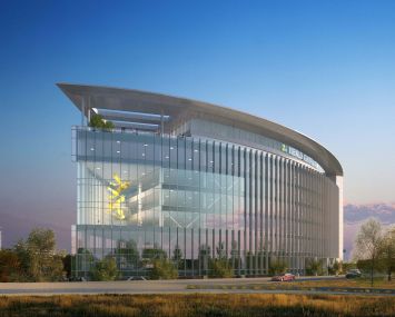 A rendering of an office tower at 100 Independence Drive in Menlo Park. Credit: Square Mile Capital Management