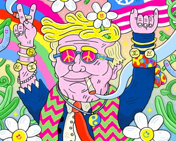 An illustration of hippy Donald Trump. Image: Sam Taylor