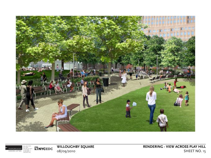 Rendering of Willoughby Square Park. Rendering: Hargreaves Associates