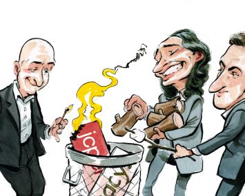 Jeff Bezos, Adam Neumann and Brian Chesky have disrupted traditional real estate industry models. Illustration: Britt Spencer/for Commercial Observer