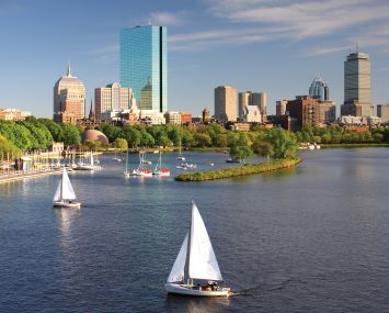 Sailboats on the Charles River with Boston's Back Bay skyline in the background. Photo: Getty Images