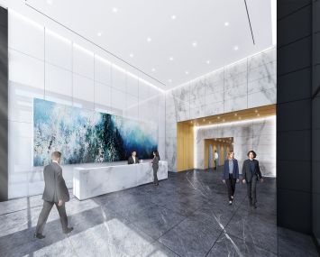 The lobby of the building will be revitalized with more modern aesthetics. Rendering: Gensler