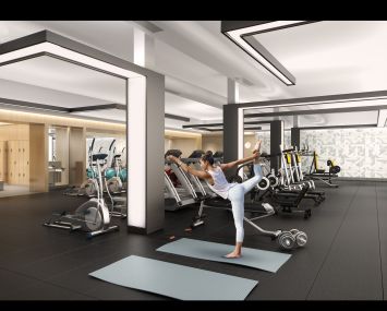 The columns of the fitness area have been retrofitted with "Tron"-like light pillars. Rendering: VisualHouse