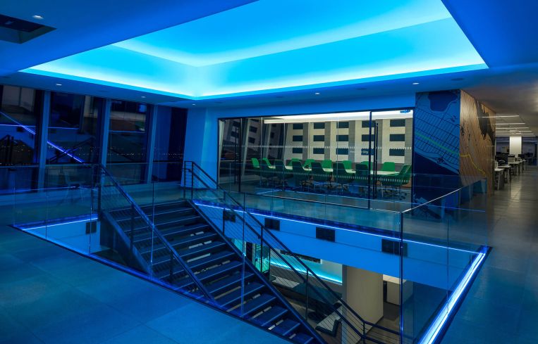 A lighting system by Ketra was placed at the top of the staircase. Photo: Thaddeus Rombauer