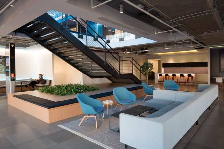 The new offices of Intersection, maker of LinkNYC devices, features an internal staircase that connects two floors. Photo: Thaddeus Rombauer